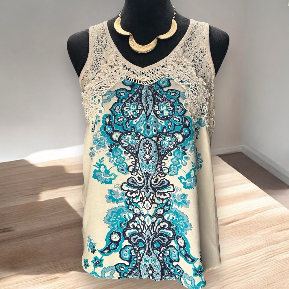Maurices Womens Small Boho Crochet  Paisley Medallion Tank Top Turquoise Blue